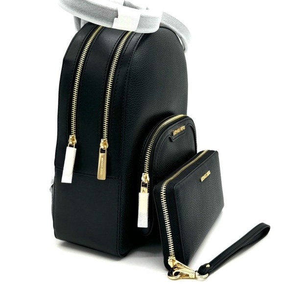 Michael Kors Medium Jaycee Backpack & Large Continental Wallet Black/Gold - Picture 4 of 14
